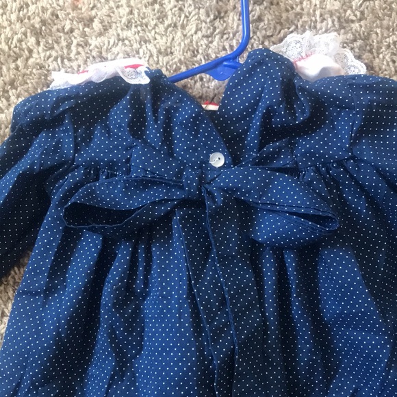 Vintage 80s 90s Girl Toddler Blue Polka Dot Ruffled Dress White Lace Collar &Bow - Picture 8 of 12